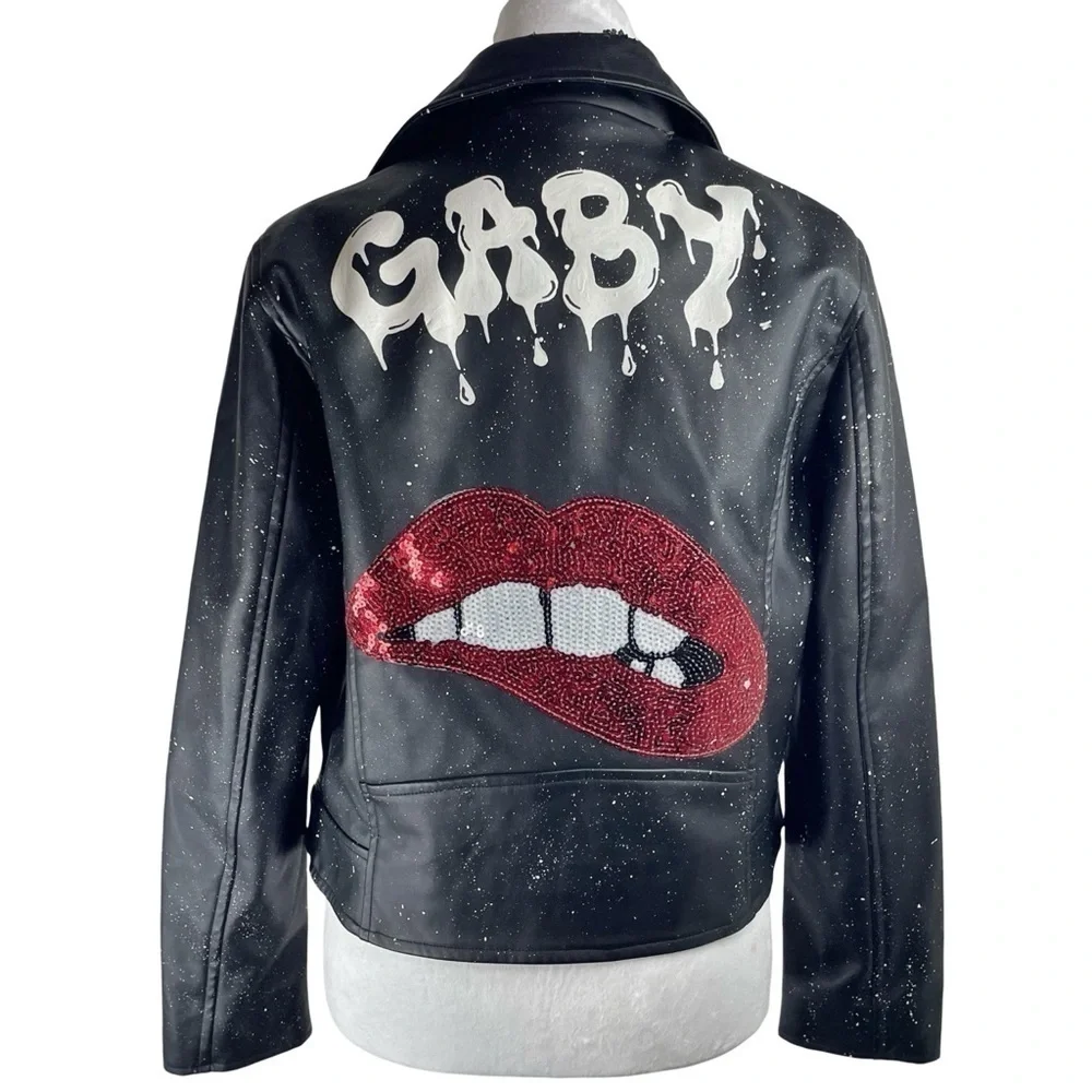 BROWNY STANDARD Women’s Leather Jacket/White Paint Splatter/Graffiti/Sequin S - Picture 1 of 6
